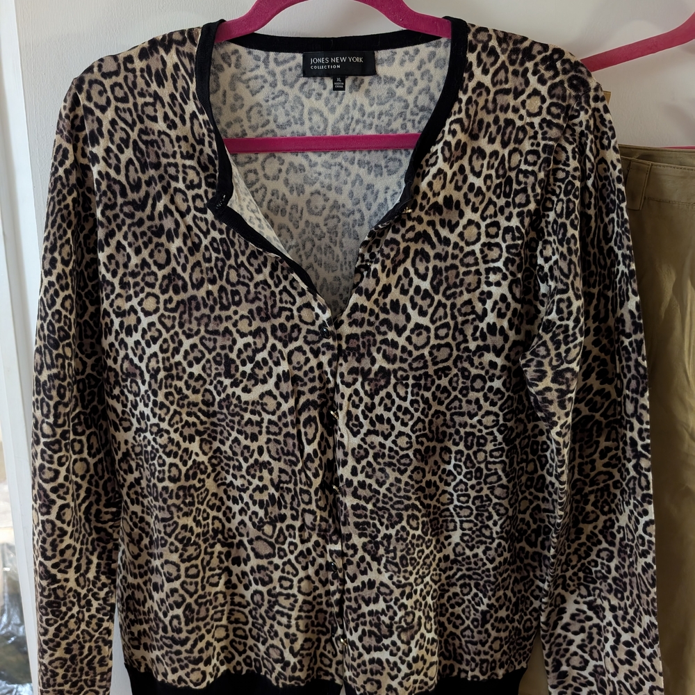 JNY Leopard Print Cardigan & Faux Suede Pants